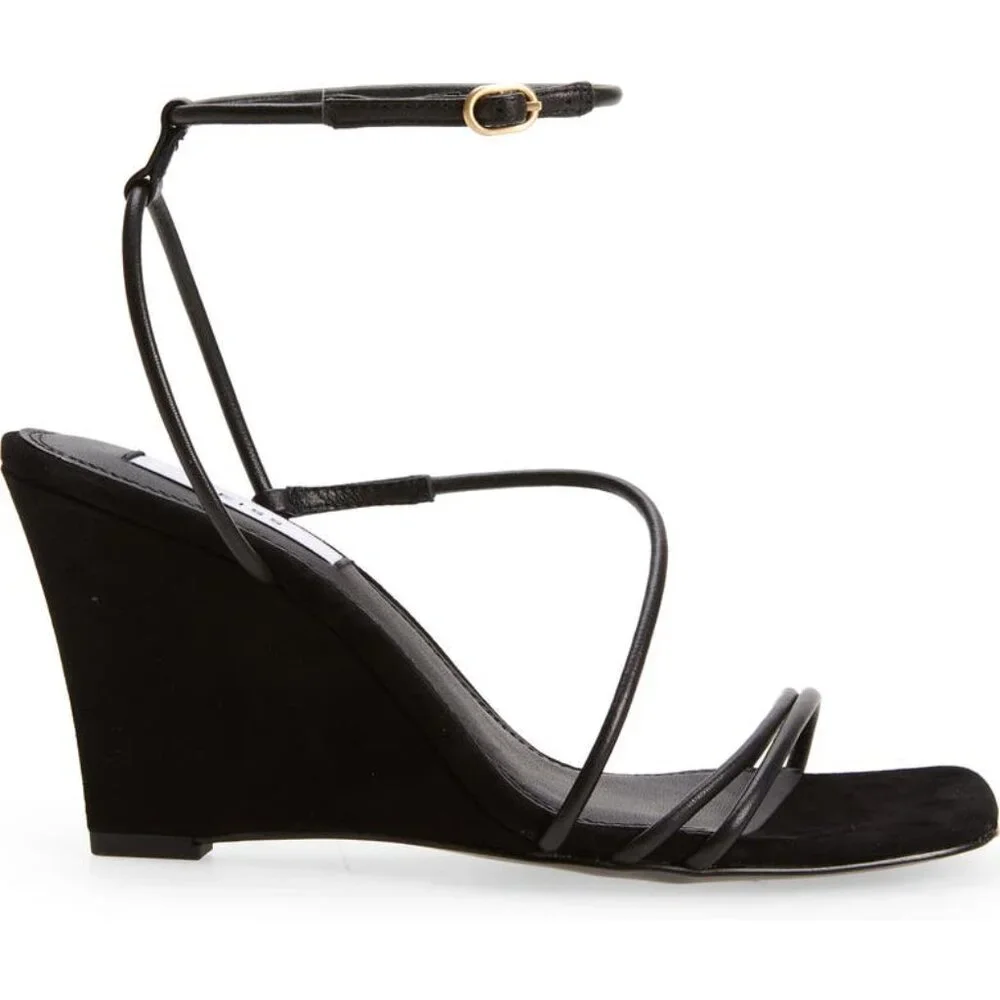 SAMPLE PIECES REISS Black Leather Kali Wedge Leather Strappy Wedge Sandal